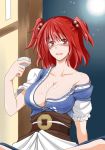  bakemonogatari1 blush breasts choko_(cup) cleavage cup dress drinking drunk hair_bobbles hair_ornament large_breass large_breasts moon off_shoulder onozuka_komachi open_mouth red_eyes red_hair redhead short_hair short_twintails solo sweat touhou twintails 