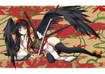  alternate_hair_length alternate_hairstyle black_hair black_legwear black_wings breasts cleavage detached_sleeves dress gauntlets geta gmot hat hat_ribbon highres katana long_hair lying on_side red_eyes ribbon sash shameimaru_aya solo sword tengu tengu-geta thigh-highs thighhighs touhou weapon white_dress wings zettai_ryouiki 