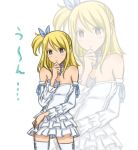  bare_shoulders blonde_hair blush bow breasts brown_eyes choker cleavage detached_sleeves dress fairy_tail frills hair_bow lucy_heartfilia mizunashi_sora one_side_up side_ponytail solo strapless thigh-highs thighhighs thinking zettai_ryouiki zoom_layer 