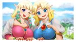  a_link_to_the_past blonde_hair blue_eyes blush bracelet breasts castle dual_persona elf hair_tie hair_ties happy jewelry large_breasts long_hair medallion multiple_girls nintendo open_mouth pointy_ears princess_zelda skyward_sword smile taut_shirt the_legend_of_zelda tomatama wink zelda_ii_adventure_of_link 