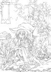  bandage book braid broom copyright_request dragon fujiwara_akina hat lamp lineart linework long_hair pointy_ears staff tree witch witch_hat 