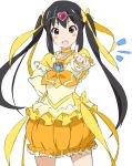  black_hair brown_eyes bubble_skirt choker circlet cosplay cure_muse cure_muse_(cosplay) cure_muse_(yellow) cure_muse_(yellow)_(cosplay) dress face k-on! long_hair nakano_azusa open_mouth orange_dress payot pointing pointing_at_viewer precure smile solo suite_precure twintails umanosuke very_long_hair white_background 