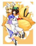  blush chen closed_eyes eyes_closed fang hug kuroi-neko multiple_girls open_mouth scarf shared_scarf smile touhou yakumo_ran 