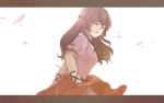  ^_^ brown_hair closed_eyes dress earrings eyes_closed fate/stay_night fate/zero fate_(series) grainne hair_ornament jewelry letterboxed long_hair looking_back pink_dress semillon smile solo 