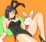  bare_legs black_hair blue_eyes bowtie bunny bunny_ears bunnysuit detached_collar fukusuke_hachi-gou high_heels leg_up legs long_hair original pillow rabbit shoes stuffed_animal stuffed_toy thighs wrist_cuffs 