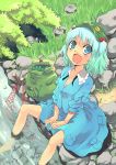  badge bag barefoot blue_eyes blue_hair breasts bush cleavage cucumber face feet_in_water grass hair_bobbles hair_ornament hat kawashiro_nitori net open_mouth pocket rock shirt short_hair sitting skirt skirt_set sleeves_pushed_up smiley soaking_feet solo stick stream touhou twintails water wrench yuu_(kfc) 