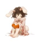  animal_ears bare_legs barefoot bloomers brown_hair bunny_ears bunny_tail child closed_eyes coat eyes_closed feet gloves inaba_tewi iwamoto_james simple_background sitting solo tail toes touhou upskirt wavy_hair 