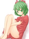  ahoge alternate_hair_length alternate_hairstyle bare_legs barefoot bow child dress green_eyes green_hair hair_bow kagiyama_hina mokuyou no_panties short_hair solo touhou young 