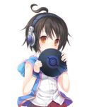  brown_hair character_request copyright_request covering covering_face covering_mouth dj headphones hoodie oke record short_hair sleeveless_hoodie solo wristband yellow_eyes 