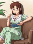  akizuki_ritsuko antenna_hair couch crossed_legs diary glasses hair_down idolmaster legs_crossed lielos pajamas sitting solo 