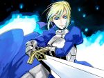  ahoge armor armored_dress blonde_hair blue_eyes dress excalibur fate/stay_night fate_(series) gauntlets hair_ribbon ribbon saber solo sword weapon zuwai_kani 