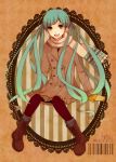  absurdres bad_id boots coat green_eyes green_hair hatsune_miku highres long_hair mittens open_mouth pantyhose sae_(black_kbight) sae_(black_night) scarf sitting solo twintails very_long_hair vocaloid 