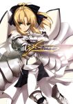  armor armored_dress blonde_hair bow dress fate/stay_night fate/unlimited_codes fate_(series) gauntlets green_eyes hair_bow metal_gloves ponytail saber saber_lily smile solo sword takemori_shintarou weapon white_dress 