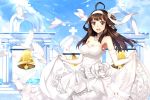  1girl :d ahoge bird black_eyes breasts brown_hair church_bell cleavage dove dress dress_lift hao_(patinnko) jewelry kantai_collection kongou_(kantai_collection) lens_flare long_hair necklace open_mouth pearl_necklace smile tagme wedding_dress 