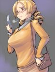  adult bag blonde_hair breasts brown_eyes casual cellphone drill_hair glasses large_breasts long_hair mahou_shoujo_madoka_magica phone purse rozenweapon sketch solo sweatdrop sweater tight_sweater tomoe_mami 