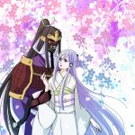  1girl armor bleach bleach:_zanpakutou_ibun_hen blue_eyes flower gloves hair_ornament japanese_clothes kimono kote lavender_hair long_hair mask personification sakurai_(f/l) samurai senbonzakura sode sode_no_shirayuki very_long_hair wrist_grab zanpakuto 