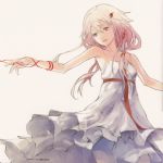  bare_shoulders dress guilty_crown hair_between_eyes hair_ornament hairclip highres low_twintails official_art outstretched_arm pink_eyes pink_hair red_string redjuice ribbon sleeveless smile solo string sundress twintails white_dress yuzuriha_inori 