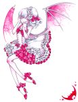  alternate_costume bare_shoulders bat bat_wings colored_eyelashes dress frills hands_on_own_face hat high_heels miri no_nose petticoat remilia_scarlet shoes short_hair skinny solo touhou traditional_media watercolor_(medium) wings 