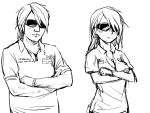  1girl breasts cleavage copyright_request crossed_arms drawfag facial_hair gebyy-terar genderswap kubo_taito kubo_taito_(person) long_hair monochrome polo_shirt stubble sunglasses watch 