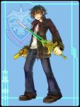  boots fujiwara_akina gun jacket pants short_hair soukuu_no_frontier sword weapon yellow_eyes 