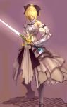  armor armored_dress bare_shoulders blonde_hair bow caliburn detached_sleeves dress fate/stay_night fate/unlimited_codes fate_(series) gauntlets hair_bow hair_over_eyes highres ponytail realistic saber saber_lily shuizhanglang solo sword weapon 