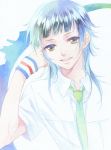 agahari blue_hair green_eyes kinose_azusa long_hair male necktie open_mouth smile solo starry_sky_(game) wristband 