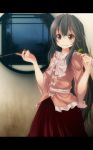  :t black_hair brown_eyes chewing eating food highres hime_cut houraisan_kaguya japanese_clothes letterboxed long_hair ribbon round_window s-syogo skirt solo standing stick touhou very_long_hair wide_sleeves window 