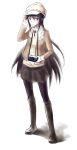  akemi_homura black_hair boots camera casual coat die_(artist) frown hat holding holding_hat long_hair mahou_shoujo_madoka_magica pantyhose pleated_skirt skirt solo sweater 