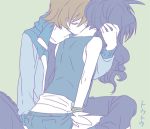  brown_hair closed_eyes couple eyes_closed flat_color hand_in_hair kuronomine long_hair monochrome neck_kiss no_hat no_headwear pokemon pokemon_(game) pokemon_black_and_white pokemon_bw simple_background sitting touko_(pokemon) touya_(pokemon) vest white_skin 