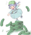  bad_id black_hair blue_eyes blush cucumber falling hair_bobbles hair_ornament hat highres hozumiare jewelry kawashiro_nitori key minigirl necklace open_mouth outstretched_arms pendant shirt skirt skirt_set solo stacking touhou twintails wavy_mouth 
