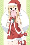  absurdres bad_id bag blonde_hair blue_eyes fake_facial_hair gloves hat highres leg_up moso multicolored_legwear santa_costume santa_hat shoes solo striped striped_legwear toshinou_kyouko yuru_yuri 