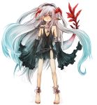  anklet barefoot copyright_request detached_sleeves dress feet fujiwara_akina horn jewelry long_hair pointy_ears red_eyes sleeves solo tail toenail_polish toes white_hair 