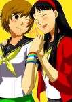  amagi_yukiko bad_id black_hair blush brown_eyes brown_hair closed_eyes eyes_closed fujino_miyabi hairband hand_holding holding_hands long_hair multiple_girls persona persona_4 satonaka_chie school_uniform short_hair smile wink wristband wrsitband 