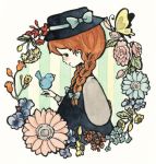  akage_no_anne anne_of_green_gables anne_shirley bird bow braid brown_hair butterfly flower hasiko_moomin hat hat_bow hat_ribbon profile ribbon striped striped_background traditional_media twin_braids watercolor_(medium) world_masterpiece_theater 