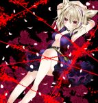 arm_behind_head armpits arms_behind_head arms_up bad_id bare_legs barefoot belt blonde_hair blush breasts cleavage collar dress earmuffs flower headphones highres nanase_nao no_bra open_dress purple_dress red_eyes short_hair smile solo spiked_collar spikes touhou toyosatomimi_no_miko 