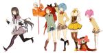  5girls akemi_homura argyle black_hair black_legwear blue_hair boots bow breasts capelet charlotte_(madoka_magica) hair_bow hair_ribbon hat headless high_heels i_want_my_hat_back jumpsuit kaname_madoka long_hair lowres mahou_shoujo_madoka_magica mami_mogu_mogu miki_sayaka morning_rescue multiple_girls pantyhose parody pink_hair plaid plaid_skirt pleated_skirt ponytail red_hair redhead ribbon rope sakura_kyouko school_uniform shoes short_hair short_twintails simple_background skirt spoilers thigh-highs thighhighs tomoe_mami tribute twintails vertical-striped_legwear vertical_stripes white_background white_legwear zettai_ryouiki 