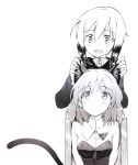  animal_ears blush cat_ears chair erica_hartmann highres looking_down looking_up monochrome multicolored_hair multiple_girls open_mouth sandwich_(artist) sanya_v_litvyak short_hair sitting smile strike_witches tail two-tone_hair 