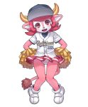  ?????? baseball_jersey blush bovine buffalo_bell clothes_writing cub female hat horns looking_at_viewer mascot nippon_professional_baseball open_mouth orix_buffaloes panties pink_eyes pink_hair pleated_skirt red_eyes sato3 short_hair simple_background skirt smile solo tail underwear upskirt white_panties young 