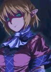  arm_warmers ascot blonde_hair breasts bust dark elf glowing glowing_eyes green_eyes kuro-route96 looking_down mizuhashi_parsee pointy_ears shaded_face short_hair simple_background solo touhou 