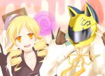  blonde_hair breasts celty_sturluson cosplay costume_switch crossover drill_hair durarara!! fingerless_gloves gloves hat headswap helmet large_breasts mahou_shoujo_madoka_magica murasaki_gin&#039;ya murasaki_gin'ya open_mouth orange_eyes ribbon spoilers teeth tomoe_mami twintails witch&#039;s_labyrinth witch's_labyrinth 