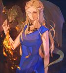  1girl a_song_of_ice_and_fire blonde_hair braid daenerys_targaryen dragon dress drogon fire french_braid jewelry long_hair necklace solo violet_eyes white_hair y_xin 