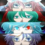  blue_hair green_eyes green_hair heterochromia kasodani_kyouko miyako_yoshika multiple_girls ofuda persona persona_3 persona_eyes pink_eyes pink_hair purple_eyes purple_hair saigyouji_yuyuko tatara_kogasa ten_desires touhou violet_eyes yurusugi 