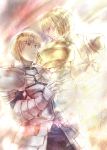  ahoge archetype_saber armor blonde_hair earrings fate/prototype fate/stay_night fate_(series) gilgamesh green_eyes hand_on_another's_face jewelry male multiple_boys red_eyes saber_(fate/prototype) short_hair toruglose 