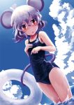  animal_ears animal_on_head blue_sky blush cloud flat_gaze grey_hair ikmg innertube mouse mouse_ears mouse_tail nazrin one-piece_swimsuit open_mouth prehensile_tail red_eyes school_swimsuit short_hair sky solo swimsuit tail touhou wading 