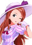  brown_hair dress gloves hat idolmaster issei long_hair minase_iori purple_eyes ribbon smile solo striped striped_dress sun_hat violet_eyes wink 