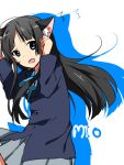  akiyama_mio animal_ears bad_id black_hair blue_eyes cat_ears character_name k-on! long_hair naru_(andante) school_uniform solo 