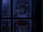 balcony city_lights clenched_teeth cold crossed_arms darkness detached_sleeves door hair_tubes hakurei_reimu hat looking_at_viewer miko night perfect_cherry_blossom santa_costume santa_hat shirosato snow snowing solo touhou 