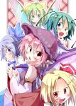  animal_ears antennae blonde_hair bow cirno daiyousei green_hair hair_bow hat kuroneko_no_toorimichi multiple_girls mystia_lorelei pink_hair red_eyes rumia short_hair team_9 touhou wings wriggle_nightbug youkai zodiac 