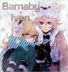 2boys animal_earmuffs barnaby_brooks_jr bear_hat blonde_hair bunny_earmuffs character_name earmuffs glasses green_eyes ivan_karelin male multiple_boys purple_eyes red-framed_glasses scarf short_hair tiger_&amp;_bunny tomomi0201 v violet_eyes winter winter_clothes