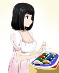  arcade_cabinet bangs black_eyes black_hair blunt_bangs bouncing_breasts breasts character_request cleavage dress frown ikari_manatsu large_breasts original playing_games pop'n_music profile short_hair simple_background solo white_background 